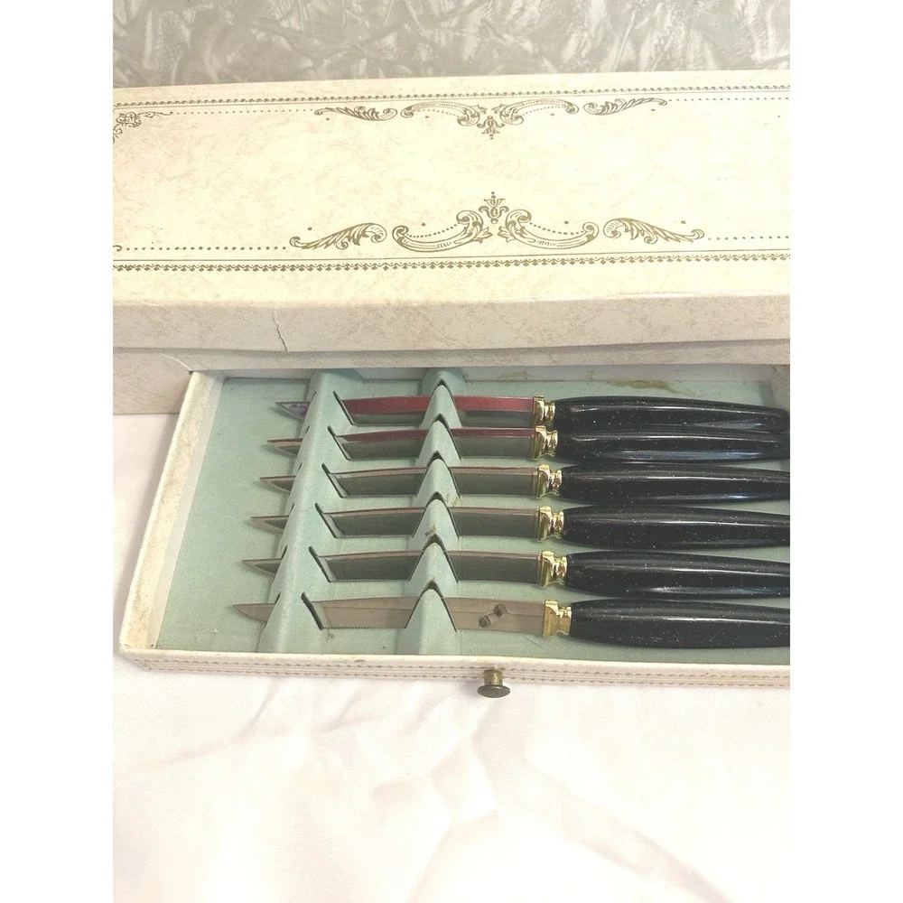 Vintage Bridal Shower Gift Serving Utensil Set Black Handles Gold Accent NICE!